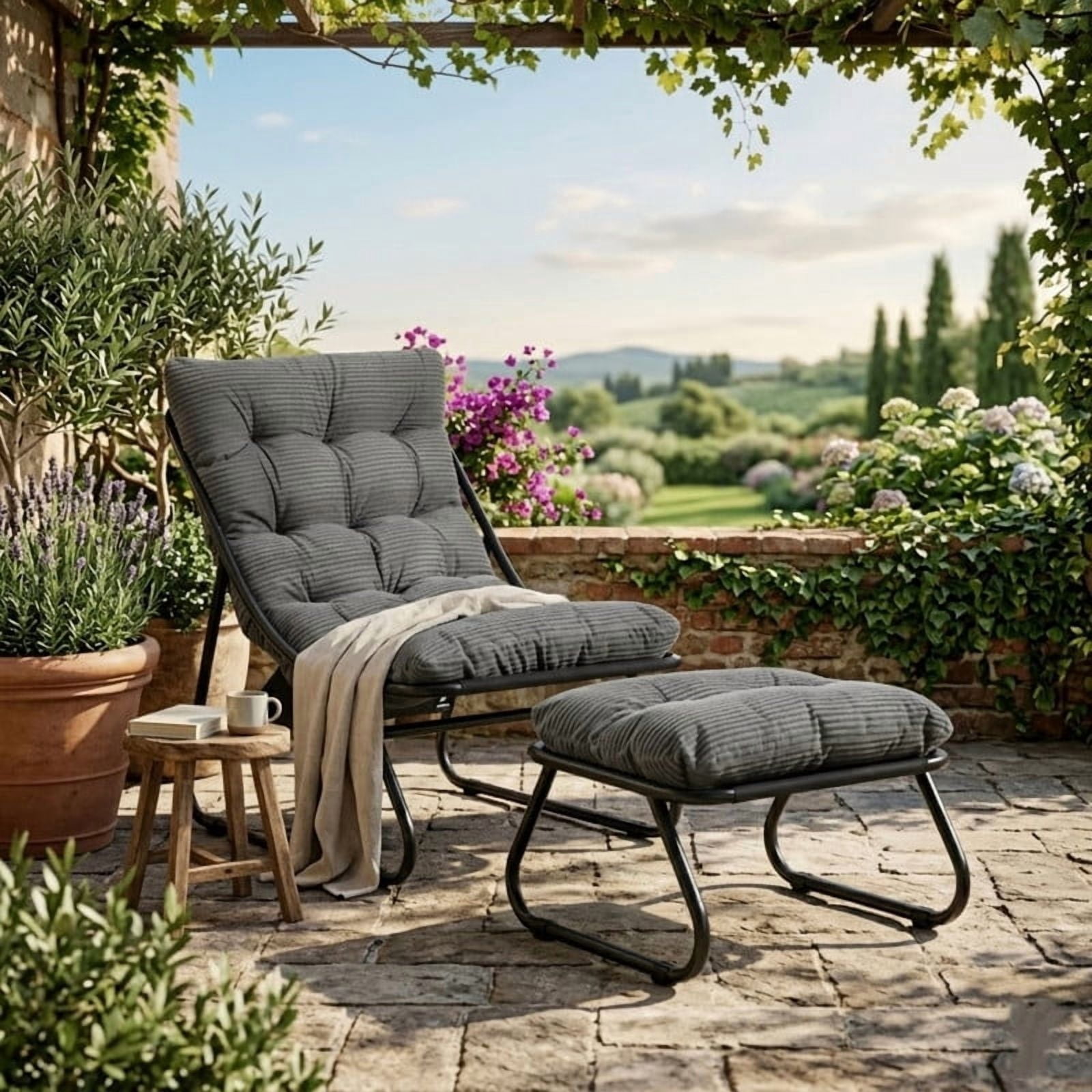 Modern Patio Lounge Chair with Ottoman, Comfy Sling Recliner Chair with Puffy Cushion and Foot Stool for Indoor Outdoor Living Room
