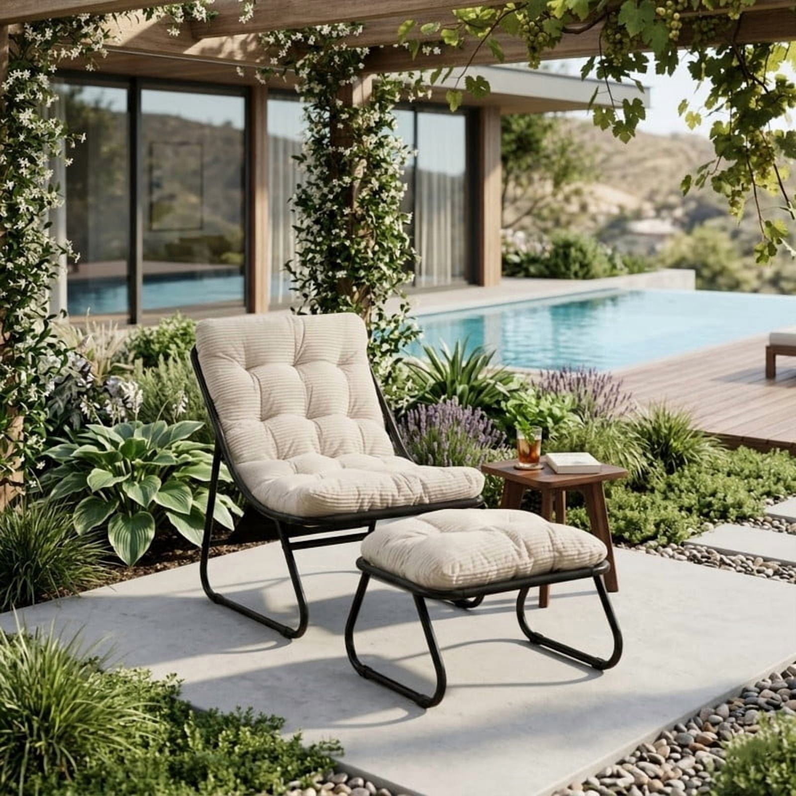 Modern Patio Lounge Chair with Ottoman, Comfy Sling Recliner Chair with Puffy Cushion and Foot Stool for Indoor Outdoor Living Room