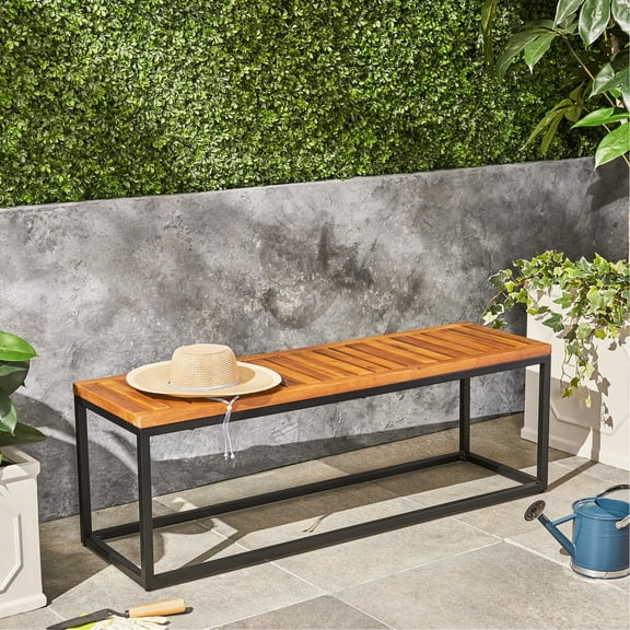 Modern Patio Serenity Area Bench - Wood And Iron, Hand Crafted, Black, Tranquil Space Chic Garden Seating Finish, Graceful Design