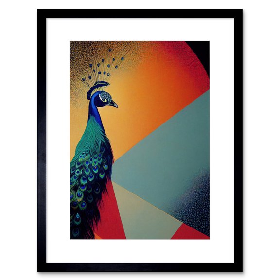 Modern Peacock Portrait in Colourful Abstract Vibrant Orange Artwork Framed Wall Art Print 9X7 Inch