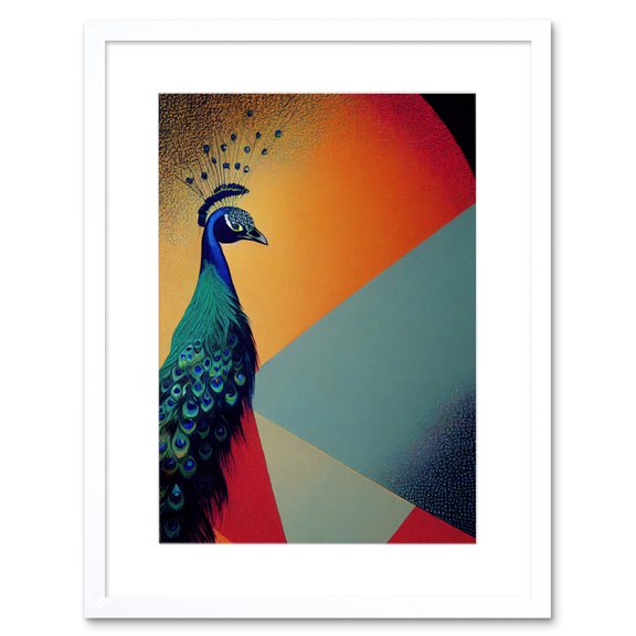 Modern Peacock Portrait in Colourful Abstract Vibrant Orange Artwork Framed Wall Art Print 9X7 Inch