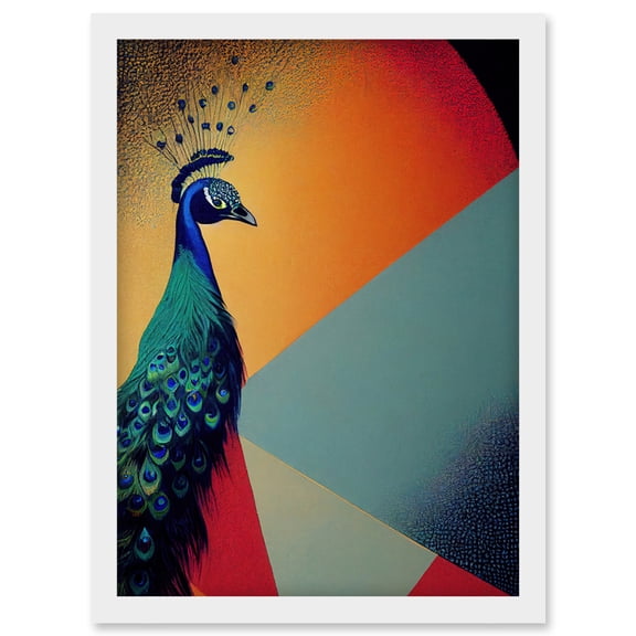 Modern Peacock Portrait in Colourful Abstract Vibrant Orange Artwork Framed Wall Art Print A4