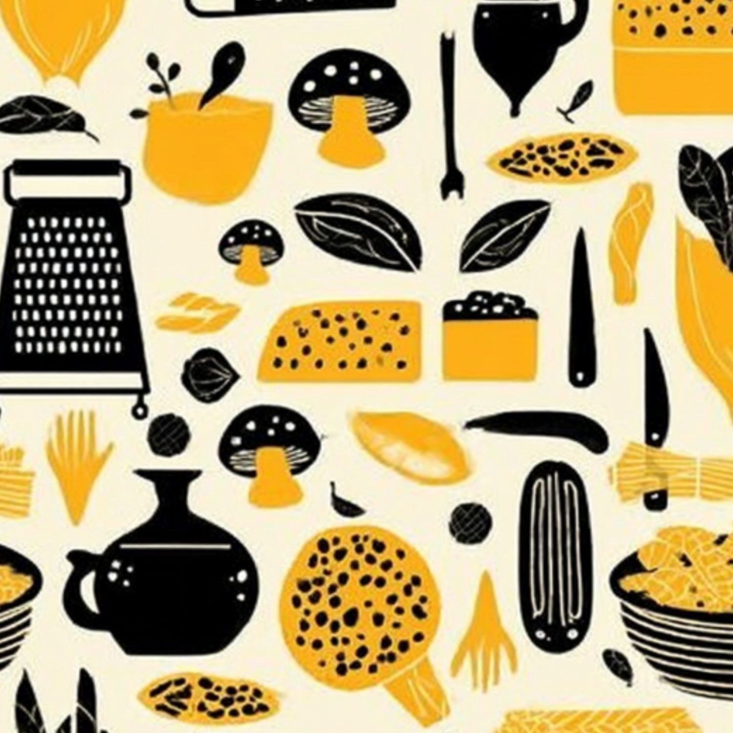 Modern Peel and Stick Wallpaper 17.7in x 9.8ft Abstract Food Mushrooms Vegetables Yellow Black Contact Paper Self-Adhesive Removable Wall Paper for Bedroom Kitchen Cabinet Renter Friendly
