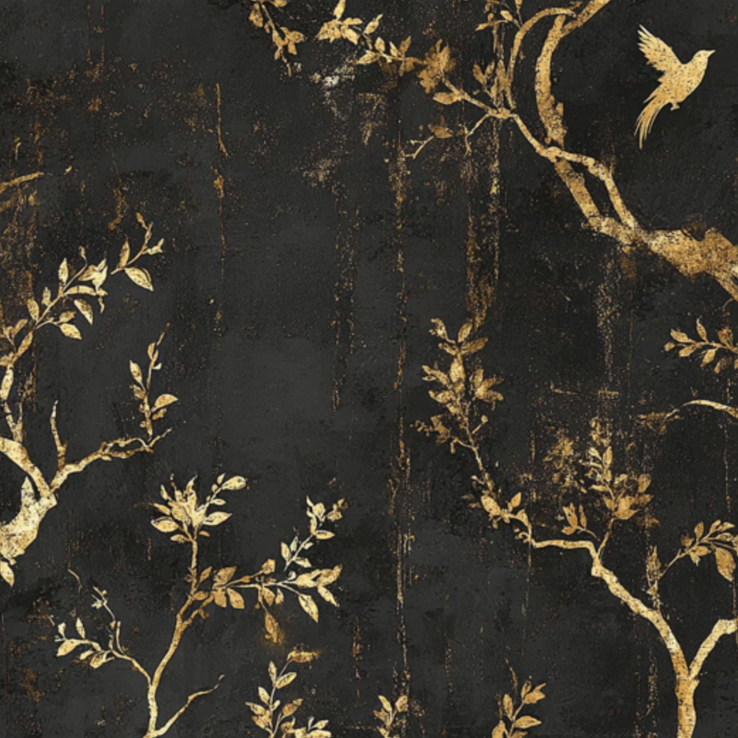 Modern Peel and Stick Wallpaper 23.6in x 9.8ft Golden Floral Branches Bird Black Contact Paper Vinyl Waterproof Self Adhesive Wall Paper for Bedroom Shelf Cabinet Renter Friendly
