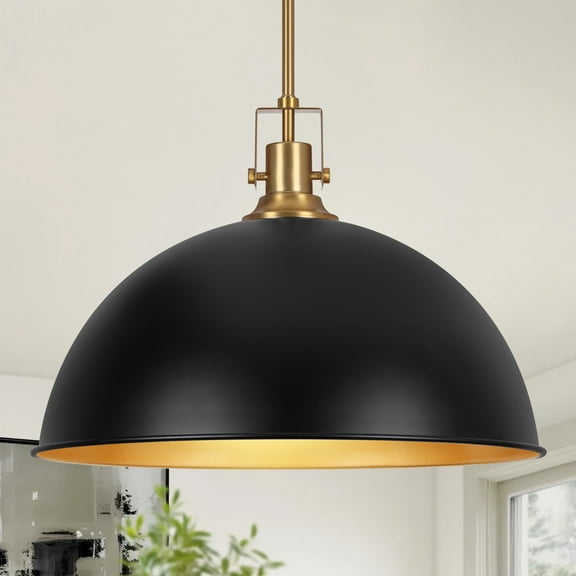 Modern Pendant Light, 18"Farmhouse Pendant Light Industrial Large Dome Matte Black and Gold Chandelier Ceiling Hanging Lighting for Dining Room Kitchen Island Bar Hallway Entryway