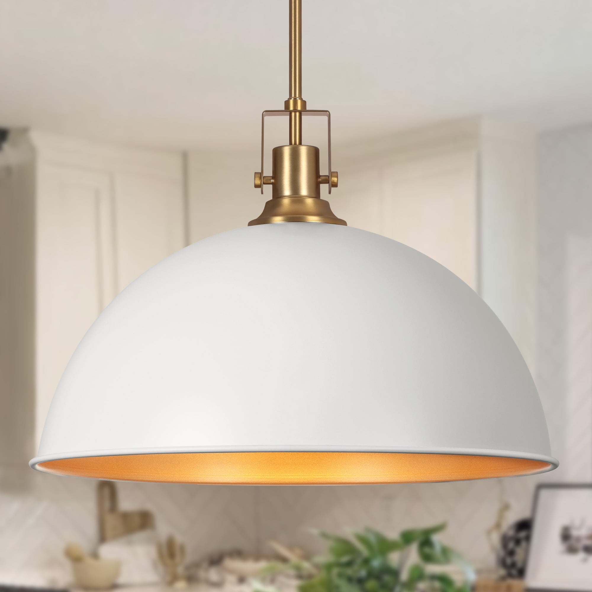Modern Pendant Light, 18"Farmhouse Pendant Light Industrial Large Dome White and Gold Chandelier Ceiling Hanging Lighting for Dining Room Kitchen Island Bar Hallway Entryway