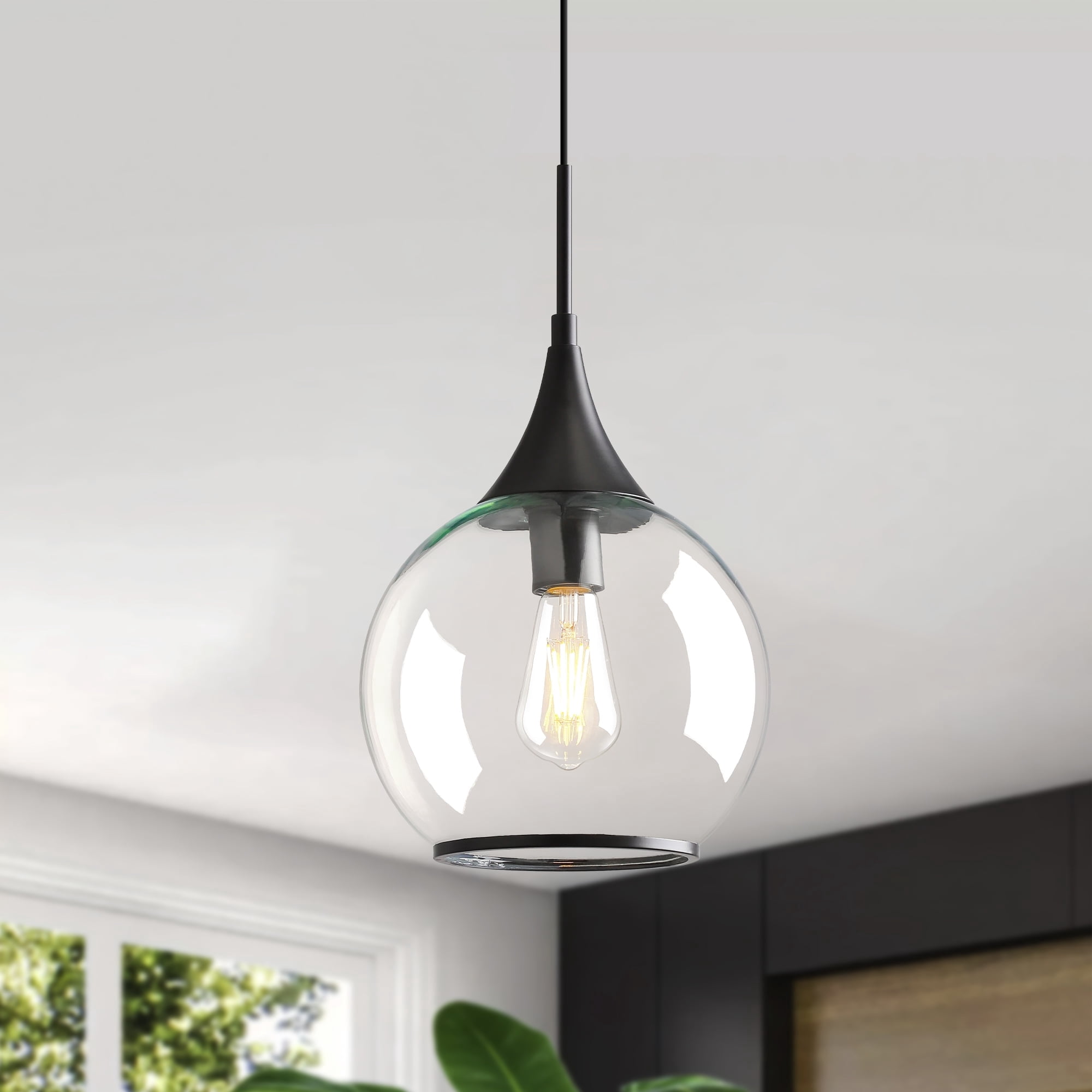 KAISITE Modern Pendant Light Fixture Dimmable Kitchen Island Hanging Ceiling Lights with Glass Shade-Black