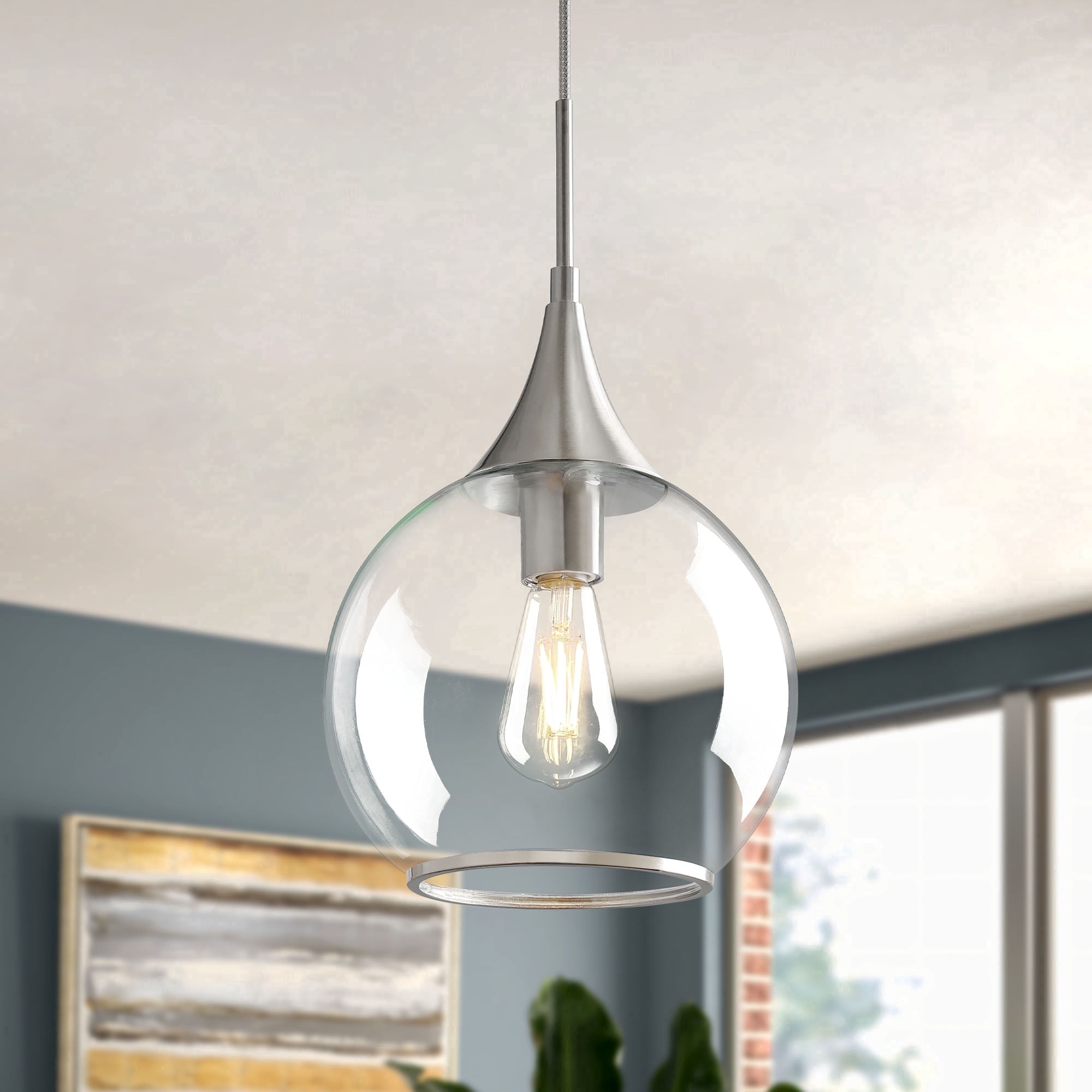 KAISITE Modern Dimmable Kitchen Island Pendant Light, Brushed Nickel Clear Glass Shade Hanging Fixture