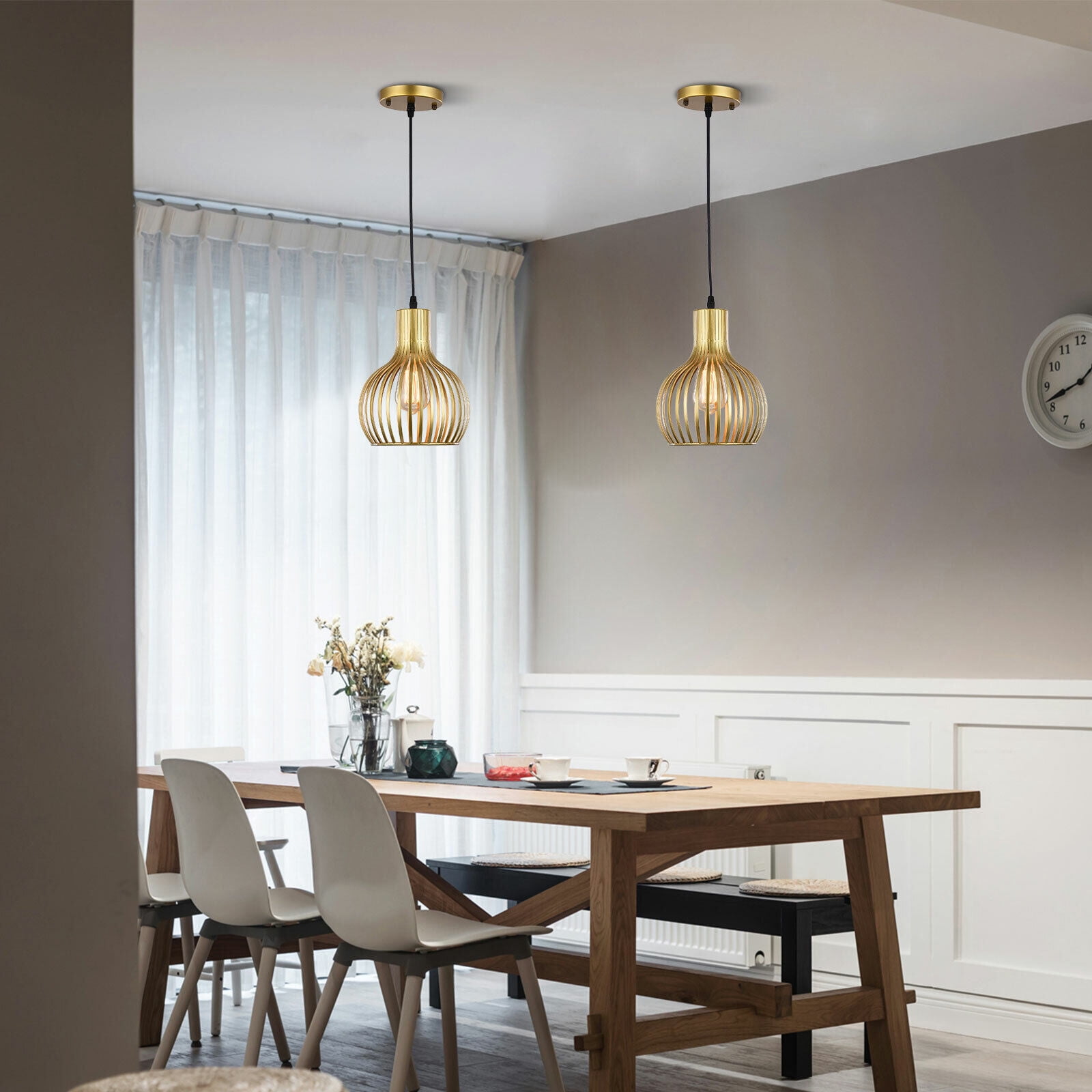 Modern Pendant Light Fixture, Gold, Metal, Hanging Ceiling Cage Lamp for Kitchen