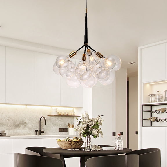 Modern Pendant Light, Glass Bubble Chandelier, Black Gold Ceiling Lamp with 12 Glass Balls, 4-Light Fixture for Dining Room, Living Room, Warm White Light, Wide Voltage, E26 Base