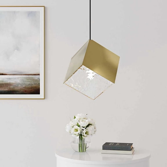 Modern Pendant Light, Gold Cube Glass Lighting for Kitchen Island Dinning Room, Bedroom, Bar, Kitchen Island Ceiling Hanging Light Fixtures, E26 Base No Bulb
