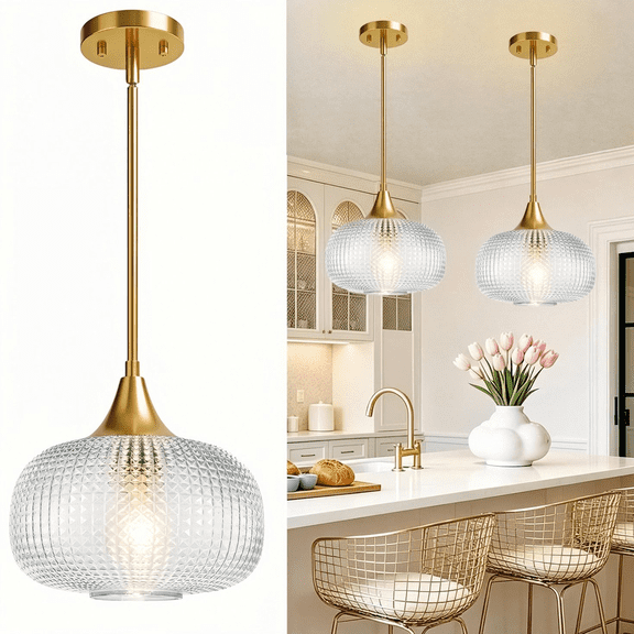 Modern Pendant Lights for Kitchen Island,Gold Glass Pendant Light Fixture over Sink with Glass Shade,Adjustable Cord,Vintage Industrial Hanging Pendant Lighting Fixture for Kitchen Island Dining Room