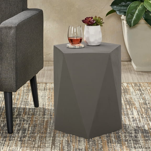 Modern Pentagonal Lightweight Concrete Side Table, 16x16x18, No Assembly, Smoke Gray Table In Style, Pentagon Shape, Mica Chip