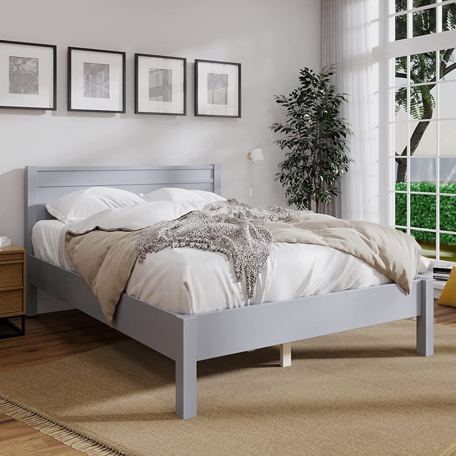Modern Persan Solid Wood Platform Bed Frame And Headboard With Full