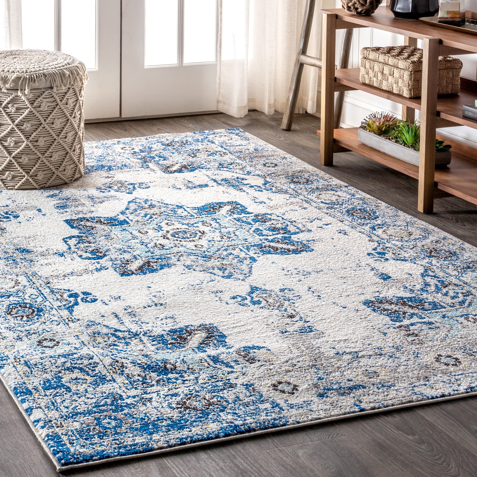 Ivory and Blue Persian Boho Vintage Medallion Area Rug