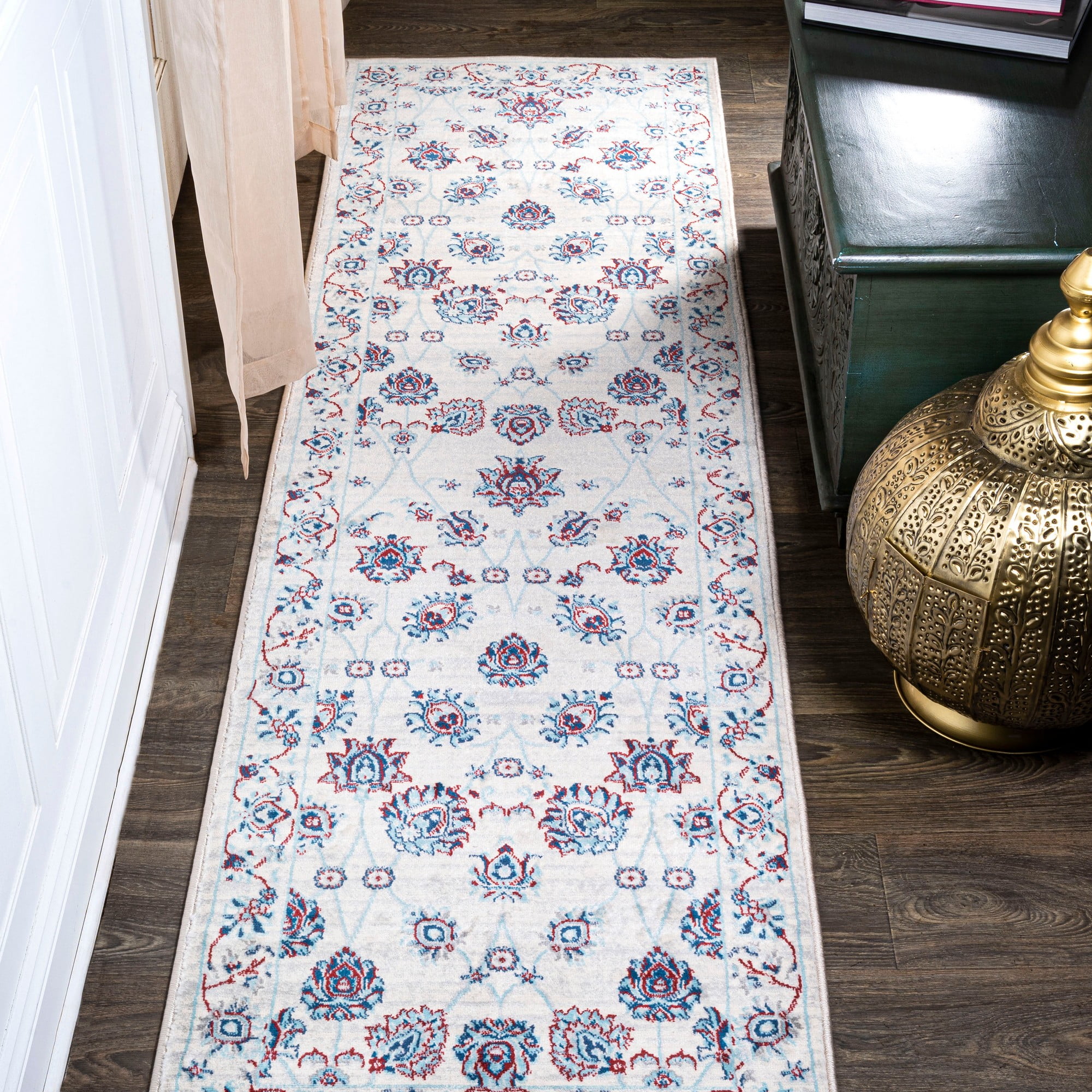 Ivory Blue Red Floral Synthetic 2 x 10 Runner Rug