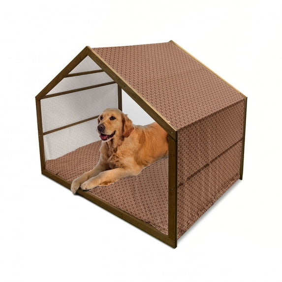 Modern Pet House, Retro 60s 70s Vintage Geometrical Rounds Triangles Pattern Art Image, Outdoor & Indoor Portable Dog Kennel with Pillow and Cover, 5 Sizes, Dark Orange Burgundy, by Ambesonne