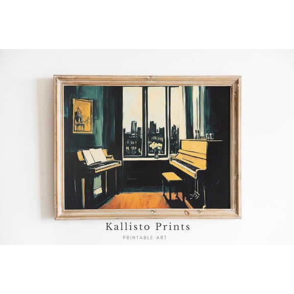 Modern Piano Room , Music Studio Wall Art, Urban Night Cityscape Print Poster, Art 483, Size 24x36 UNFFRAMED F03.1.6l2688