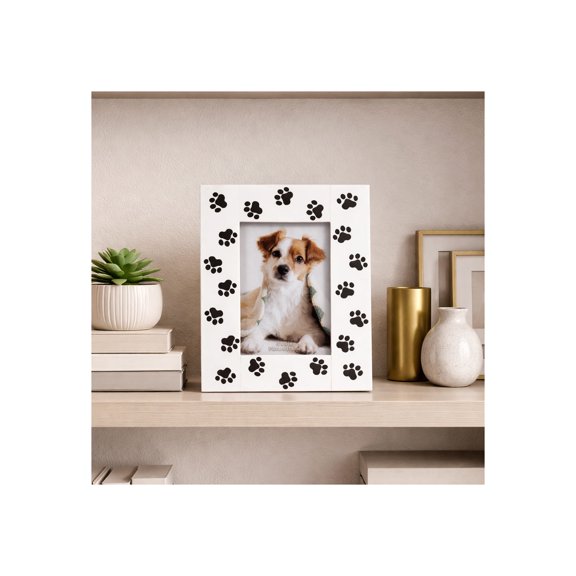 Rectangle Picture Frames for Tabletop Display - Modern Paw-Print Decorative Photo Frame for Console, Mantel, and Shelf - Wood and Glass Pictures for Study and Office Desk - 9", Black & White