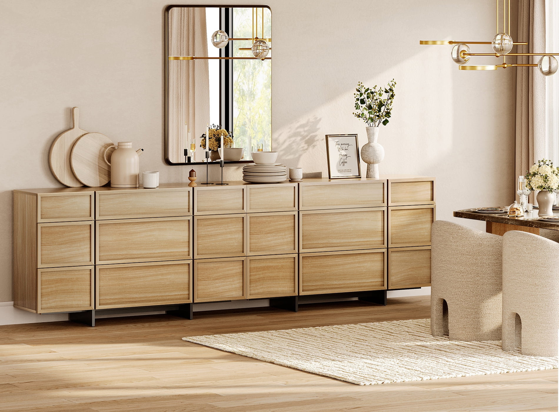 Modern Picture Frame Sideboard Buffet Cabinet with 18 Drawers and T-Shaped Wood Legs, Multifunctional Large Storage Coffee Bar Cabinet Organizer for Kitchen, Dining Room,Oak