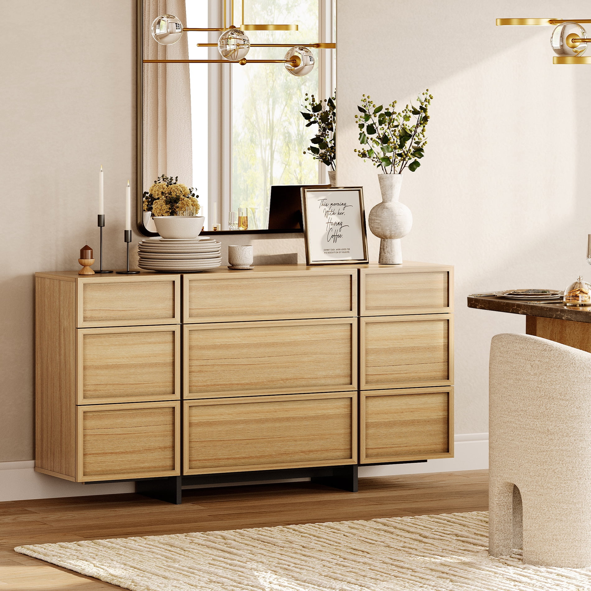 Modern Picture Frame Sideboard Buffet Cabinet with 9 Drawers and T-Shaped Wood Legs, Multifunctional Large Storage Coffee Bar Cabinet Organizer for Kitchen, Dining Room,Oak