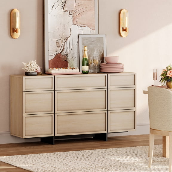 Modern Picture Frame Sideboard Buffet Cabinet with 9 Drawers and T-Shaped Wood Legs, Multifunctional Large Storage Coffee Bar Cabinet Organizer for Kitchen, Dining Room,Beige