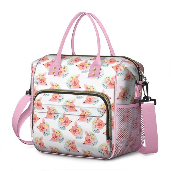 Modern Pig & Floral Print Cooler Bag - Large Leakproof Food Storage Tote for Office & Picnic