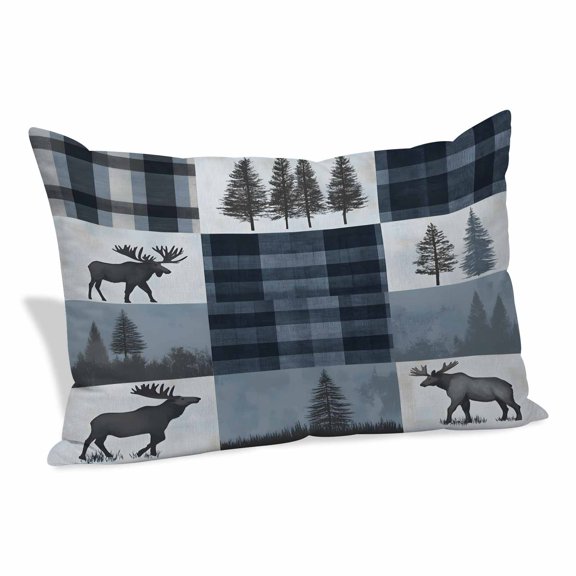 Modern Pillow Covers 12x20 Inch, Buffalo Plaid Blue Black Wildlife Deer Forest Vintage Soft Brushed Throw Pillow Covers with Hidden Zipper Decorative Pillowcase for Bedroom Sofa Couch