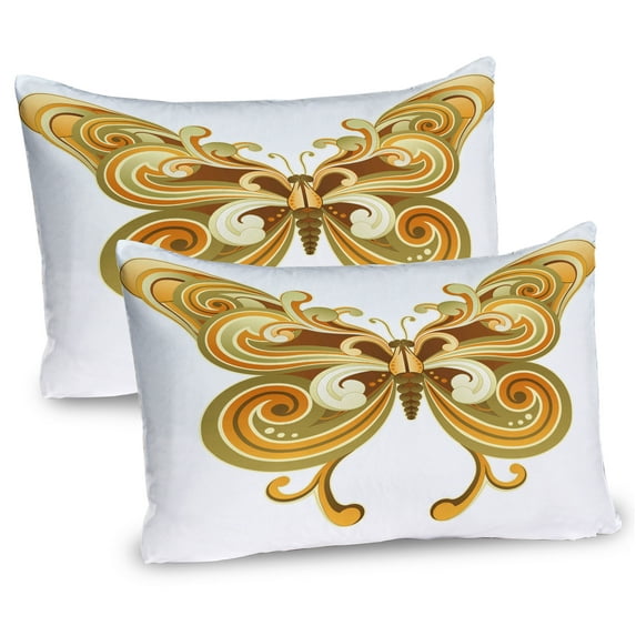 Modern Pillow Sham Set of 2, Macro Butterfly Wings Life Animal Illustration, Quality Microfiber Bedding Item for All Seasons, 26" x 20", Cinnamon Marigold Sepia, by Ambesonne