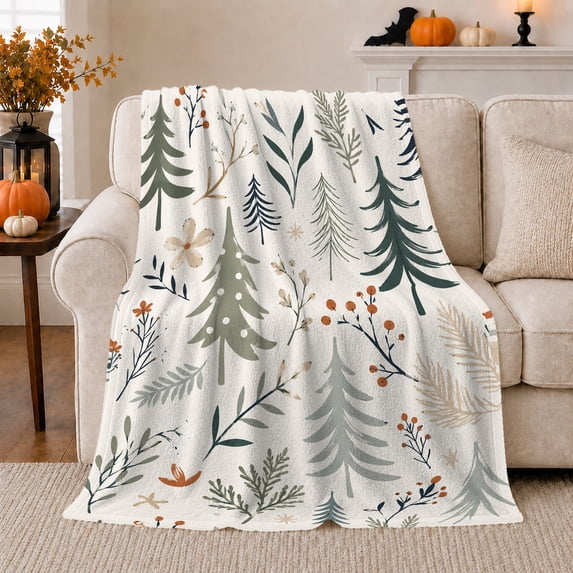 Modern Pine Trees with Botanical Sprigs and Berries, Serene Scandinavian Nature Style for Pine Tree Lovers, Soft Flannel Blanket for Bedroom and Reading Nook, Housewarming Gift, Home Decor
