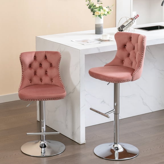 Modern Pink , 2, Adjustable Seat Height 25 To 33 Inch, Velvet, Backed For Comfort, , Base Home Pub And Kitchen Island, Hand-pulled Buttons, Nailheads 2 - Velvet Upholstered, A Comfortable