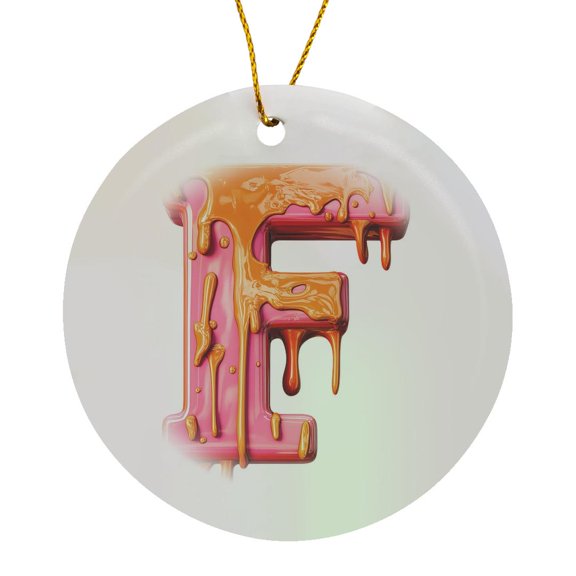 3drose, Modern Pink and Orange Image of Dripping Paint Monogram Initial F, Circle Porcelain Ornament