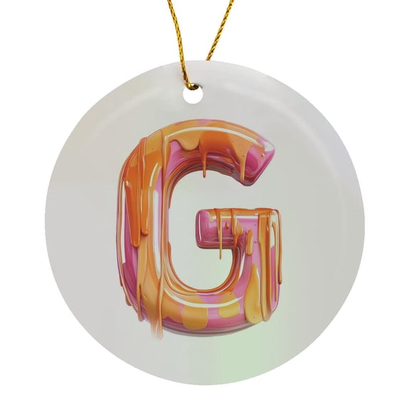 3drose, Modern Pink and Orange Image of Dripping Paint Monogram Initial G, Circle Porcelain Ornament