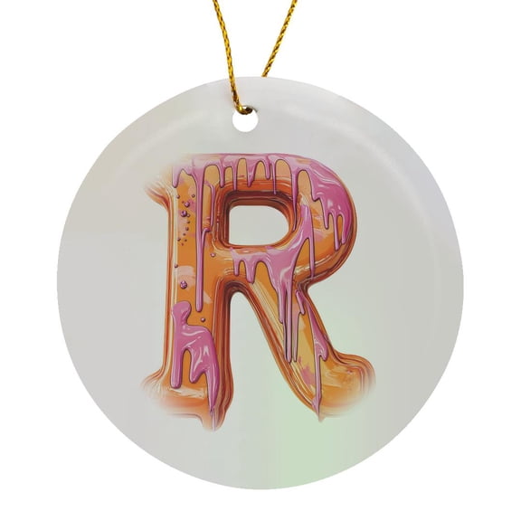 3drose, Modern Pink and Orange Image of Dripping Paint Monogram Initial R, Circle Porcelain Ornament