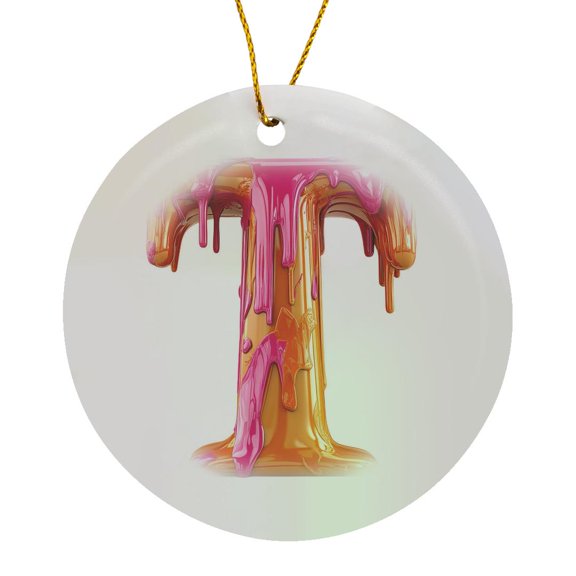3drose, Modern Pink and Orange Image of Dripping Paint Monogram Initial T, Circle Porcelain Ornament