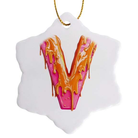3drose, Modern Pink and Orange Image of Dripping Paint Monogram Initial V, 3 inch Snowflake Porcelain Ornament