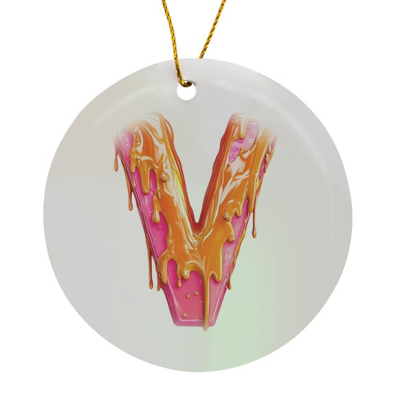 3drose, Modern Pink and Orange Image of Dripping Paint Monogram Initial V, Circle Porcelain Ornament