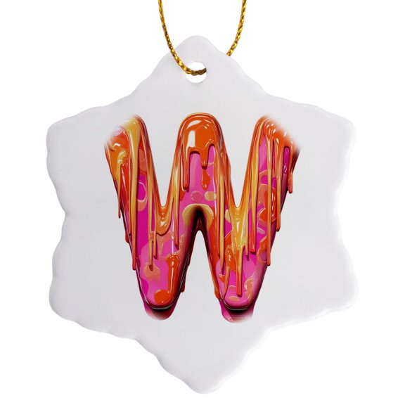 3drose, Modern Pink and Orange Image of Dripping Paint Monogram Initial W, 3 inch Snowflake Porcelain Ornament