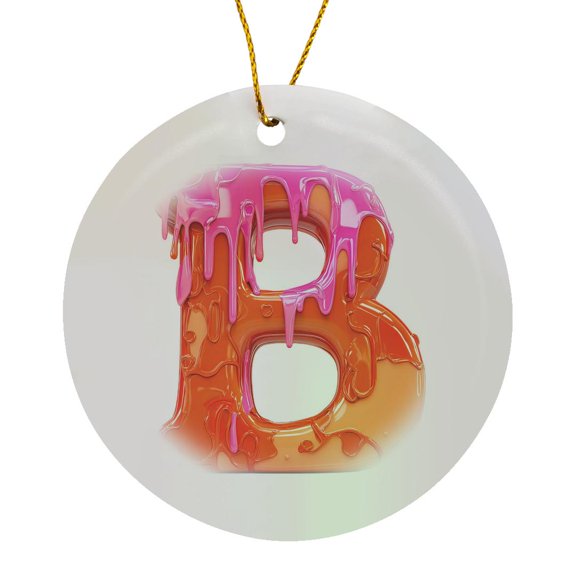 3drose, Modern Pink and Orange Image Ofdripping Paint Monogram Initial B, Circle Porcelain Ornament