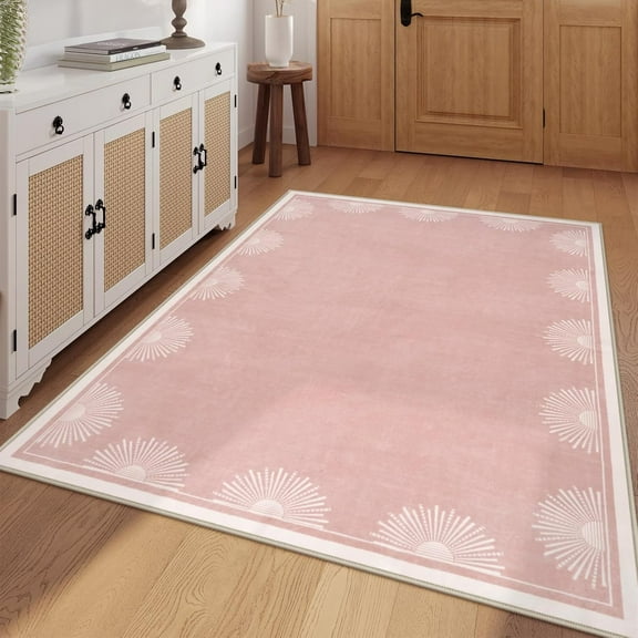 Modern Pink Area Rugs For Bedroom Girls, Ultra Thin Washable Nursery Rug For Kids Room, Soft Sun Print Living Room Rug,Boho Non Shedding Floor Carpets For Classroom Dorm 2x3ft