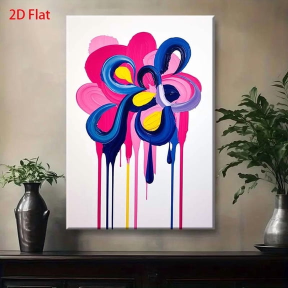 Modern Pink Blue Purple Yellow Abstract Flower Wall Art - Multicolor Pink & Turquoise Dripping Effect Painting on Wrapped Canvas Frame, Fluid Color Flow for Contemporary Bedroom, Decor - Hand-Painted