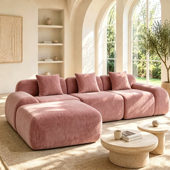 Modern Pink Chenille L-Shaped Sectional Sofa with Chaise, 108"