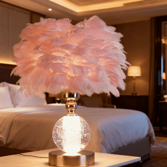 Modern Pink Feather Globe Table Lamp - 3 Adjustable Dimmable LED Colors, Practical Aesthetic Bedside Desk Lamp for Bedroom Decor
