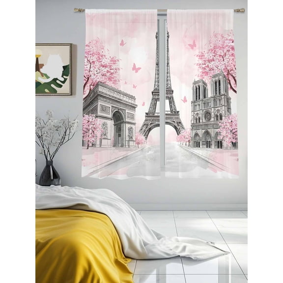 Modern Pink Flower Paris Landmarks Chiffon Sheer Curtains 63 Inches Long Towel Architecture Rod Pocket Window Curtains Voile Drapes Curtains for Living Room Bedroom,2 Panels