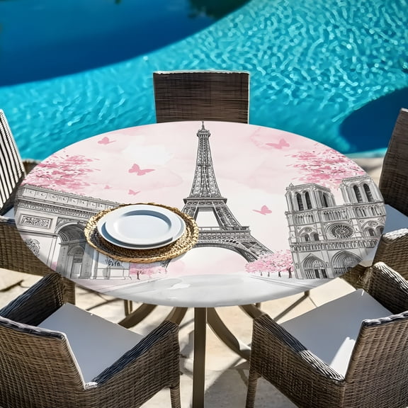 Modern Pink Flower Paris Landmarks Round Fitted Tablecloth with Elastic Edge,Waterproof Table Cloth Fits Tables Up to 45"-54",Wipeable Table Cover for Indoor Outdoor Dinning Party,Towel Architecture