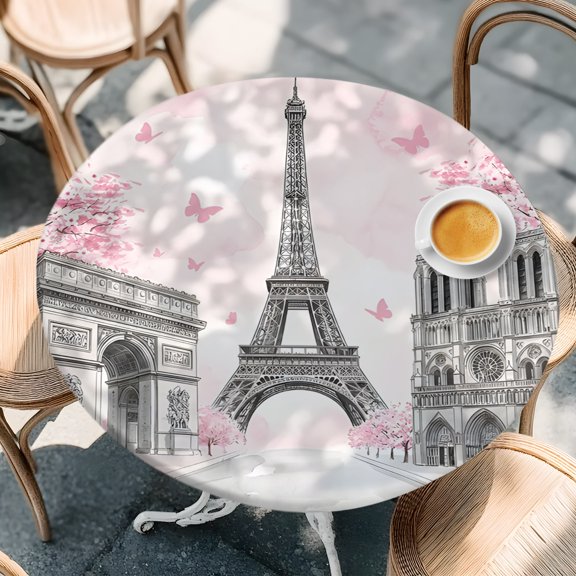Modern Pink Flower Paris Landmarks Round Fitted Tablecloth with Elastic Edge,Waterproof Table Cloth Fits Tables Up to 55"-60",Wipeable Table Cover for Indoor Outdoor Dinning Party,Towel Architecture