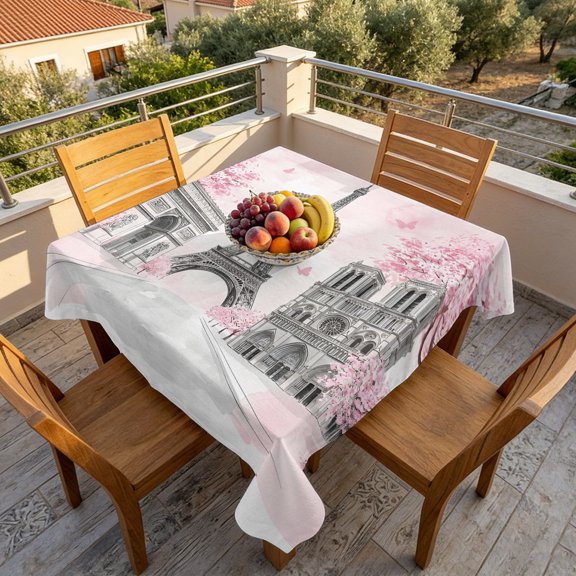 Modern Pink Flower Paris Landmarks Table Cloth 60x60in, Waterproof Square Tablecloth Wipeable Tablecloths Towel Architecture Table Covers for Dining Tables Party Indoor Outdoor