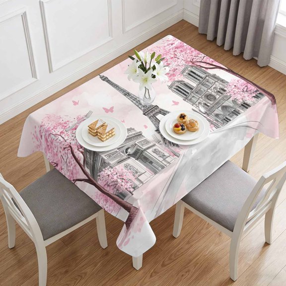 Modern Pink Flower Paris Landmarks Table Cloth 60x84in, Waterproof Rectangle Tablecloth Wipeable Tablecloths Towel Architecture Table Covers for Dining Tables Party Indoor Outdoor