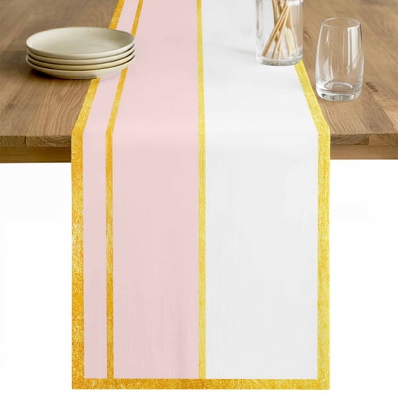 Modern Pink Gold Table Runner - 72 Inch Long Minimalist Geometric Yellow Striped Cotton and Linen Blended Dress Scarves Farmhouse Table Runner for Kitchen Dining, Coffee Table, 13" x 72"