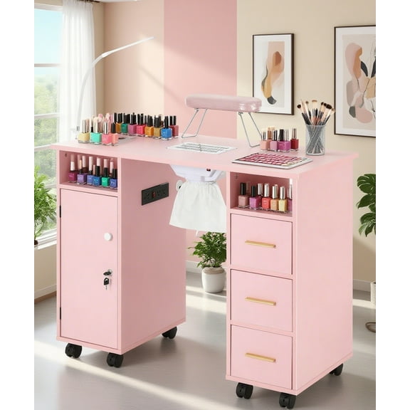 Modern Pink Manicure Table with Dust Collector, LED Lamp, Lockable Wheels, 3 Drawers, Cabinet, Glass Shelves & USB Charging – Nail Tech Desk with Hand Rest & Power Outlets for Salon or Home
